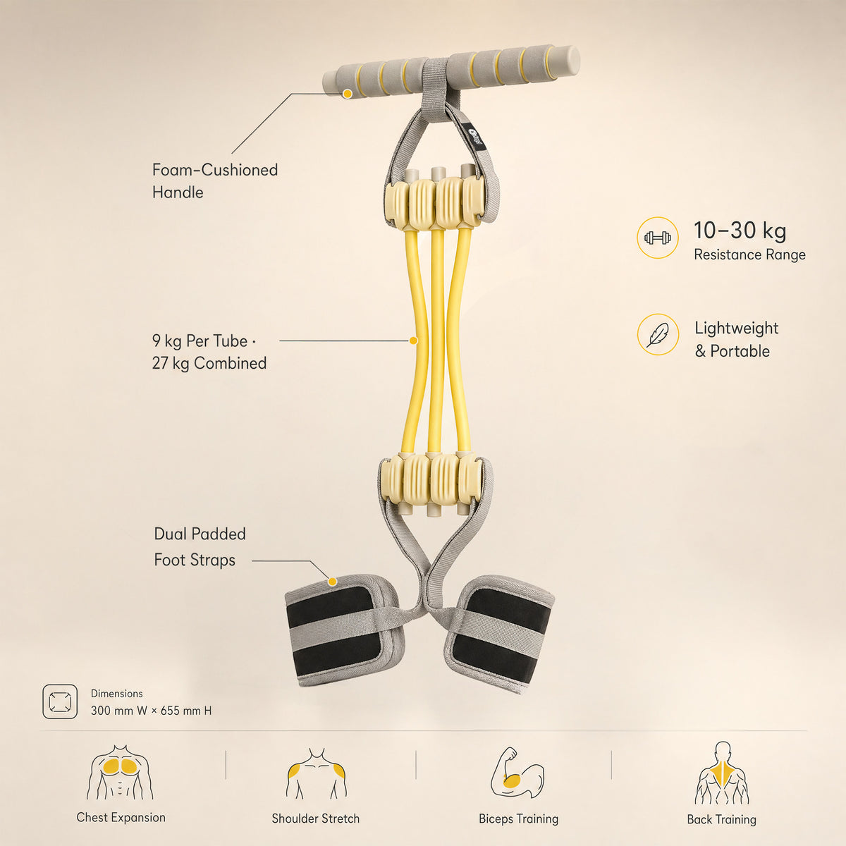 playR Pedal Tummy Trimmer Resistance Band, 3 Detachable Tubes 10-30 Kgs Yellow