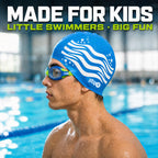 playR Wave Print Silicone Swim Cap &amp; Anti-Fog Goggles Combo for Kids - Blue