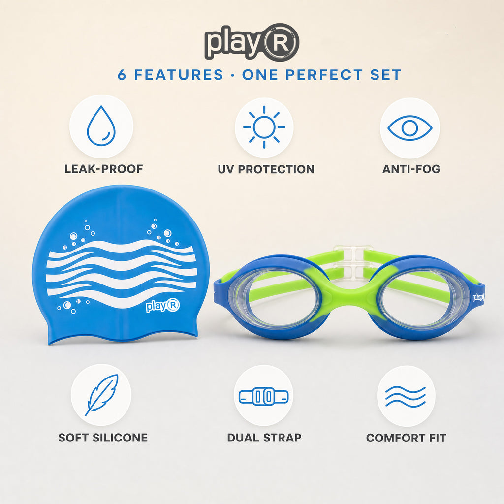 playR Wave Print Silicone Swim Cap &amp; Anti-Fog Goggles Combo for Kids - Blue