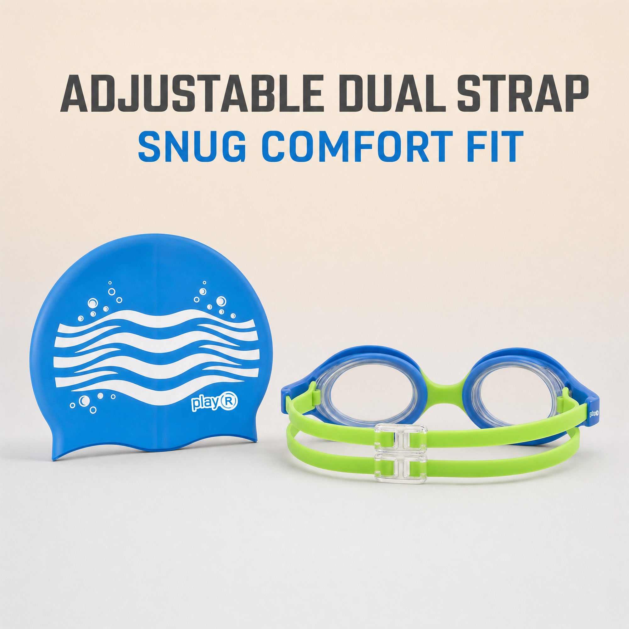 playR Wave Print Silicone Swim Cap &amp; Anti-Fog Goggles Combo for Kids - Blue