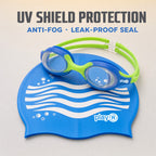 playR Wave Print Silicone Swim Cap &amp; Anti-Fog Goggles Combo for Kids - Blue