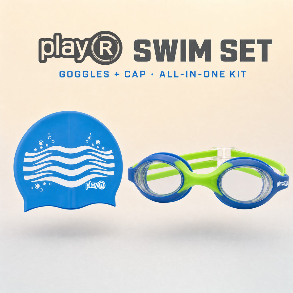 playR Wave Print Silicone Swim Cap &amp; Anti-Fog Goggles Combo for Kids - Blue
