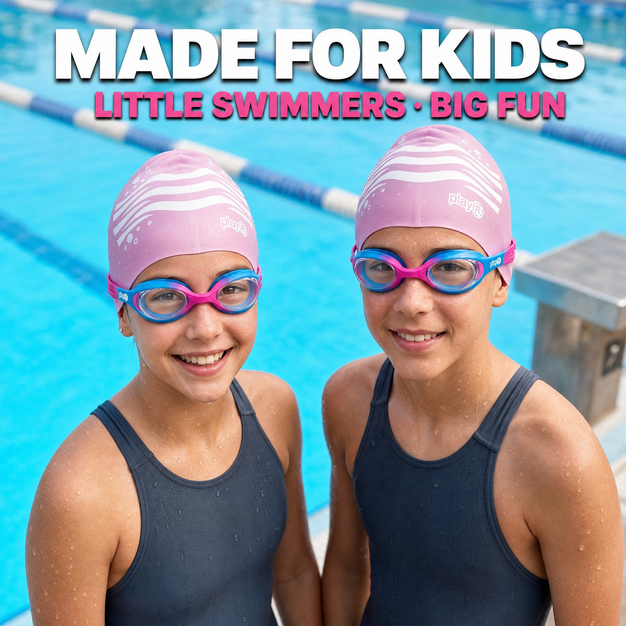 playR Wave Print Silicone Swim Cap &amp; Anti-Fog Goggles Combo for Kids - Pink