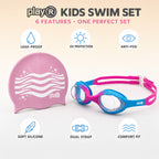playR Wave Print Silicone Swim Cap &amp; Anti-Fog Goggles Combo for Kids - Pink