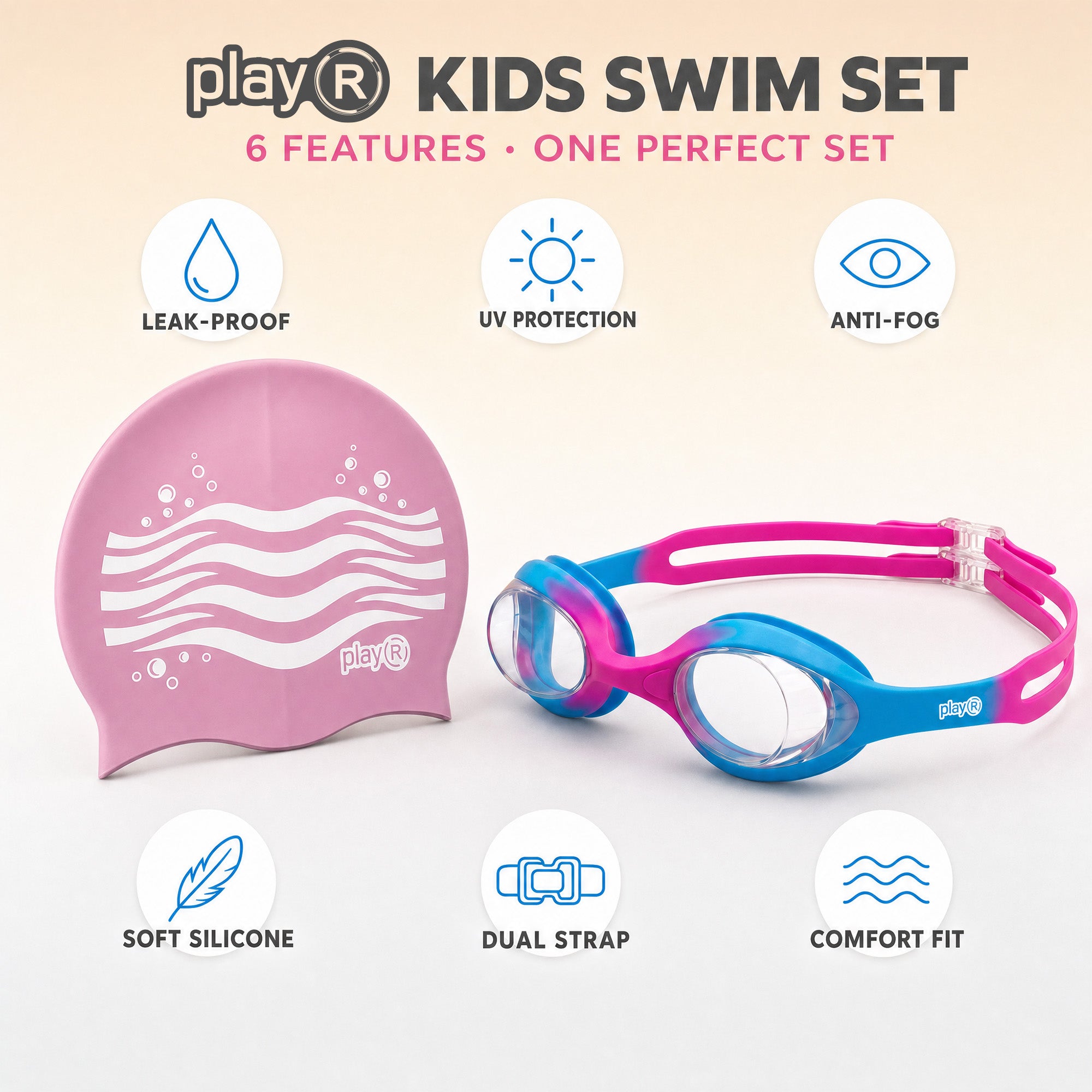 playR Wave Print Silicone Swim Cap &amp; Anti-Fog Goggles Combo for Kids - Pink