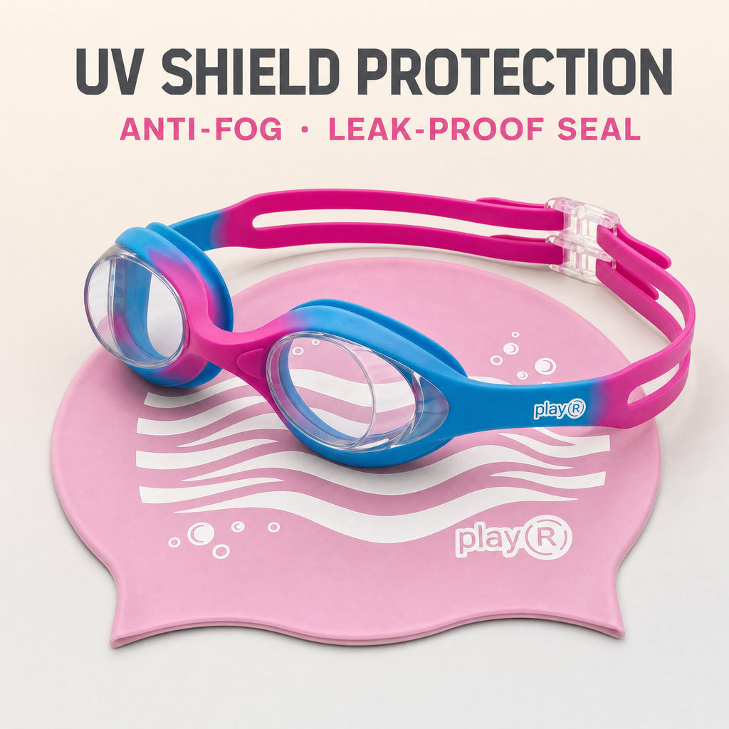 playR Wave Print Silicone Swim Cap &amp; Anti-Fog Goggles Combo for Kids - Pink