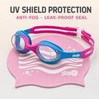 playR Wave Print Silicone Swim Cap &amp; Anti-Fog Goggles Combo for Kids - Pink