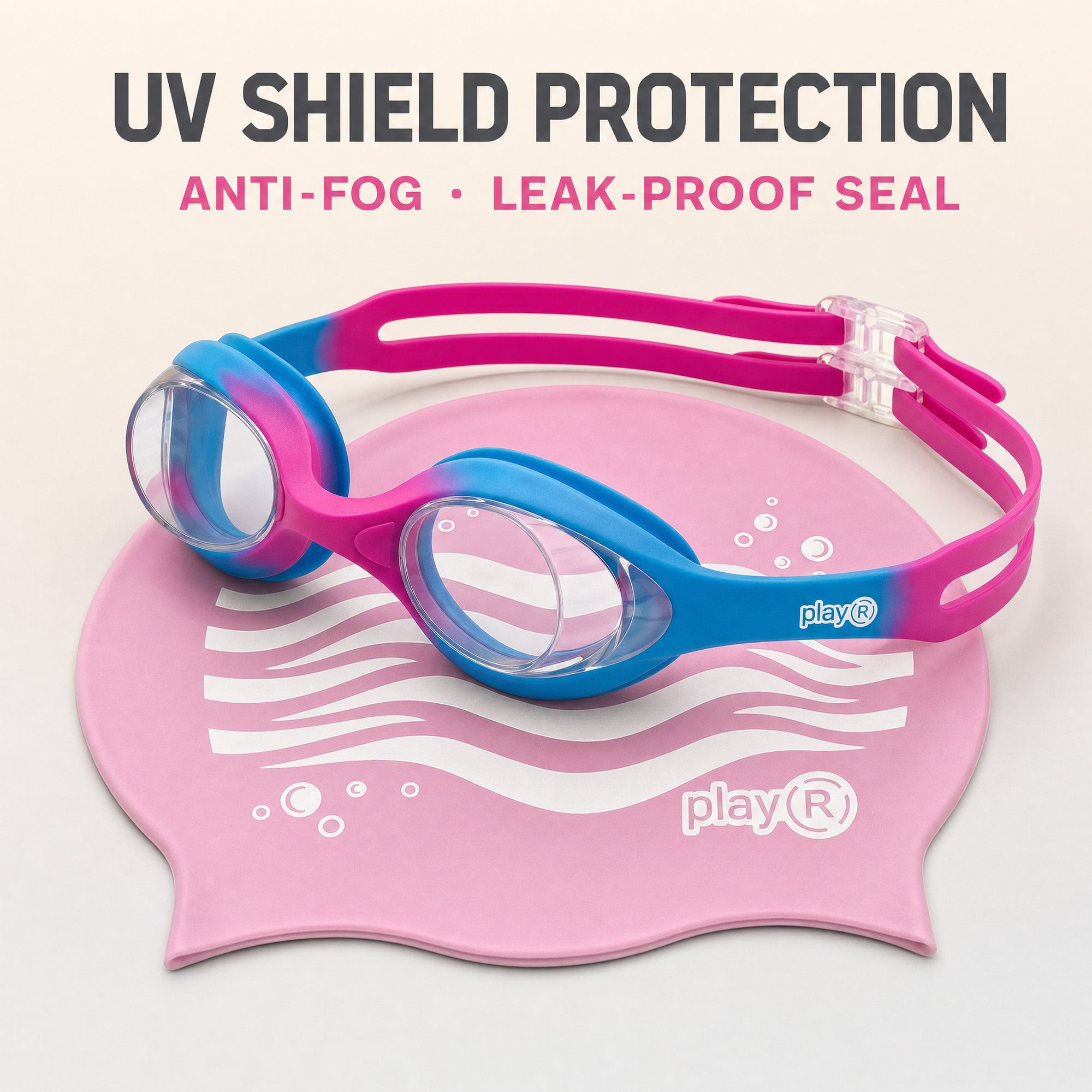 playR Wave Print Silicone Swim Cap &amp; Anti-Fog Goggles Combo for Kids - Pink