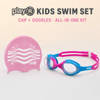 playR Wave Print Silicone Swim Cap &amp; Anti-Fog Goggles Combo for Kids - Pink