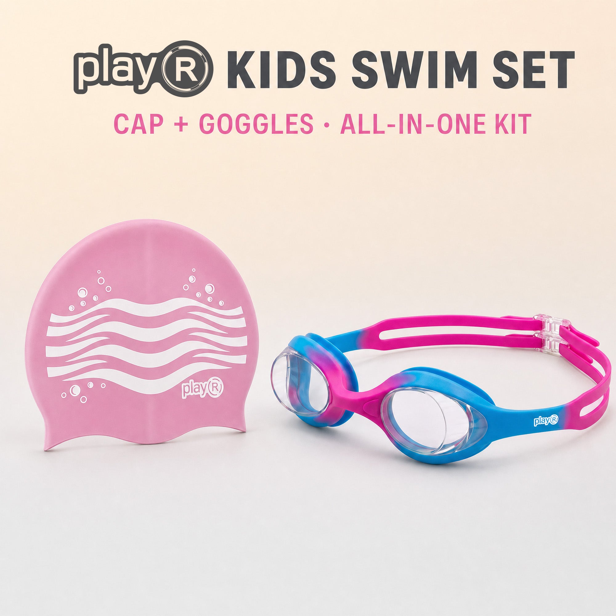 playR Wave Print Silicone Swim Cap &amp; Anti-Fog Goggles Combo for Kids - Pink