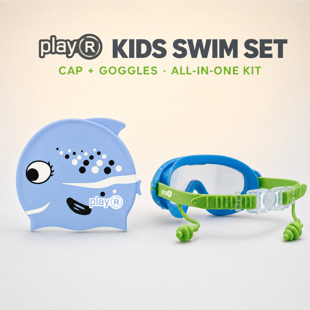 playR Fish Print Swim Cap &amp; Anti-Fog Goggles with Earplugs for Kids - Blue