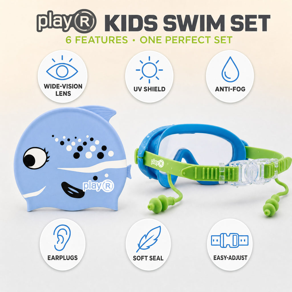 playR Fish Print Swim Cap &amp; Anti-Fog Goggles with Earplugs for Kids - Blue