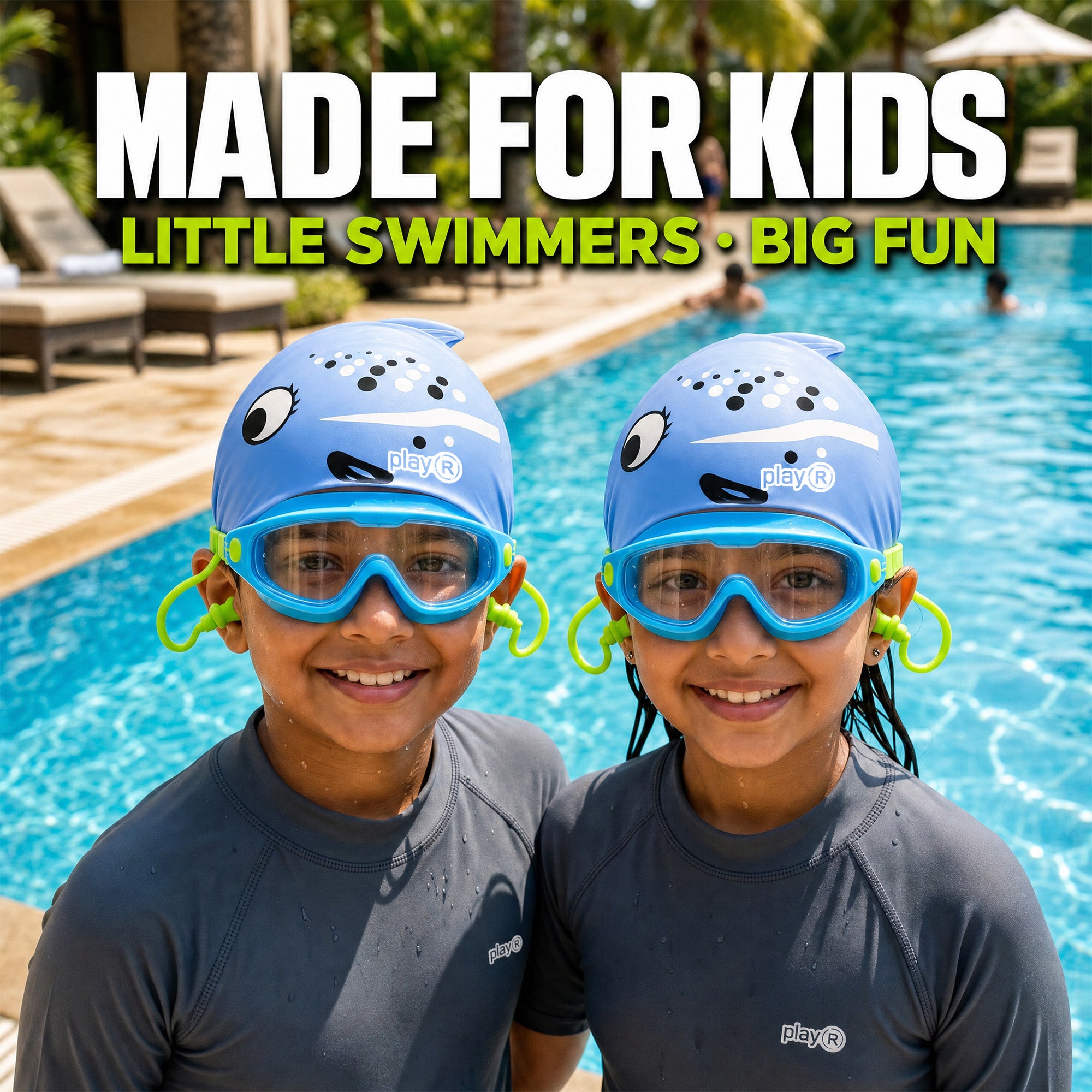 playR Fish Print Swim Cap &amp; Anti-Fog Goggles with Earplugs for Kids - Blue
