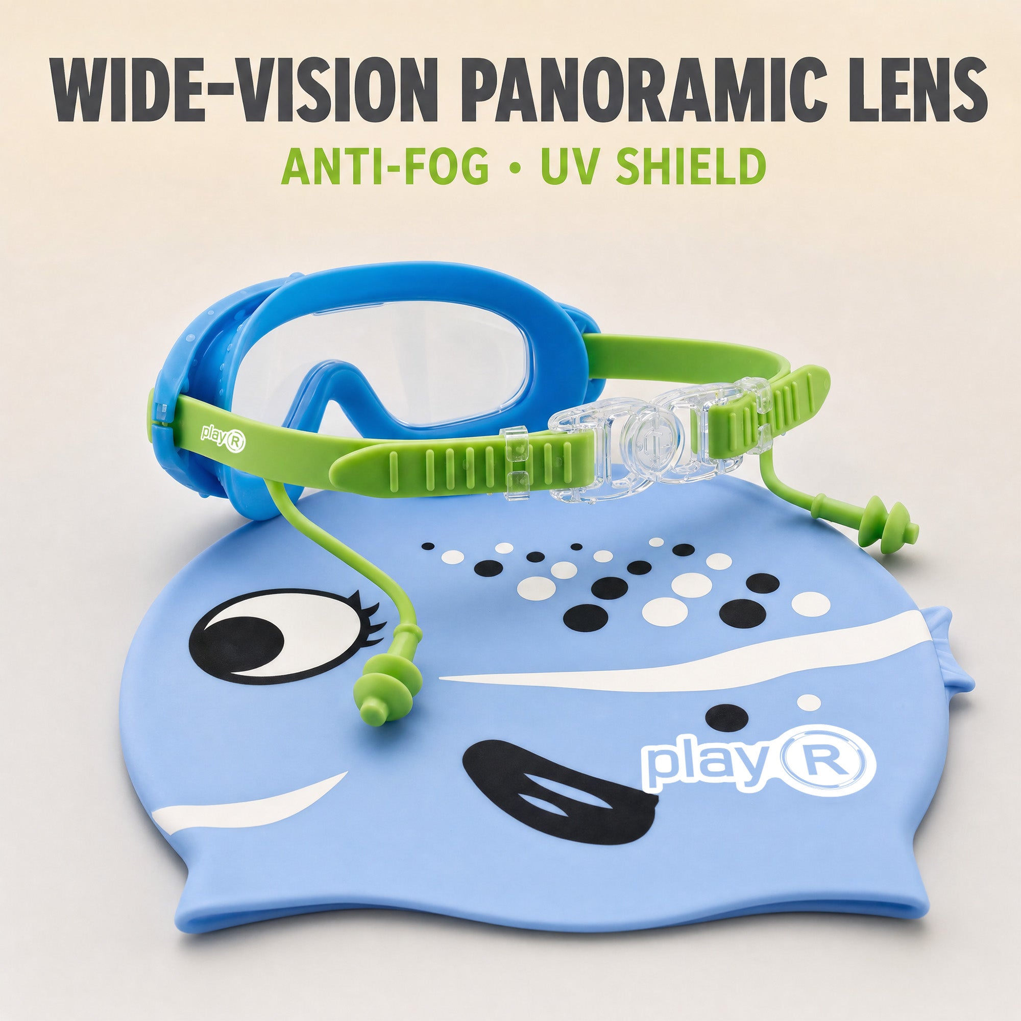 playR Fish Print Swim Cap &amp; Anti-Fog Goggles with Earplugs for Kids - Blue Secondary image