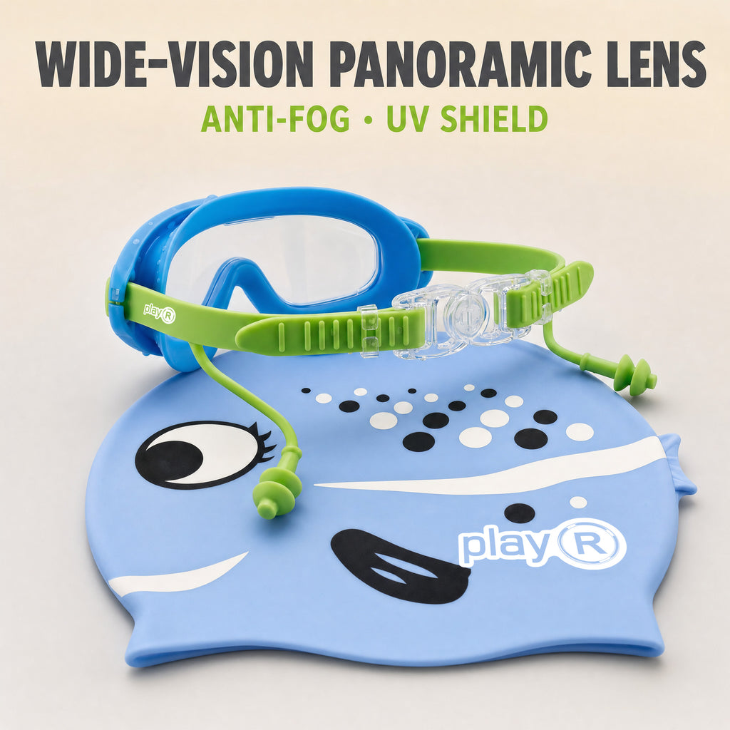 playR Fish Print Swim Cap &amp; Anti-Fog Goggles with Earplugs for Kids - Blue