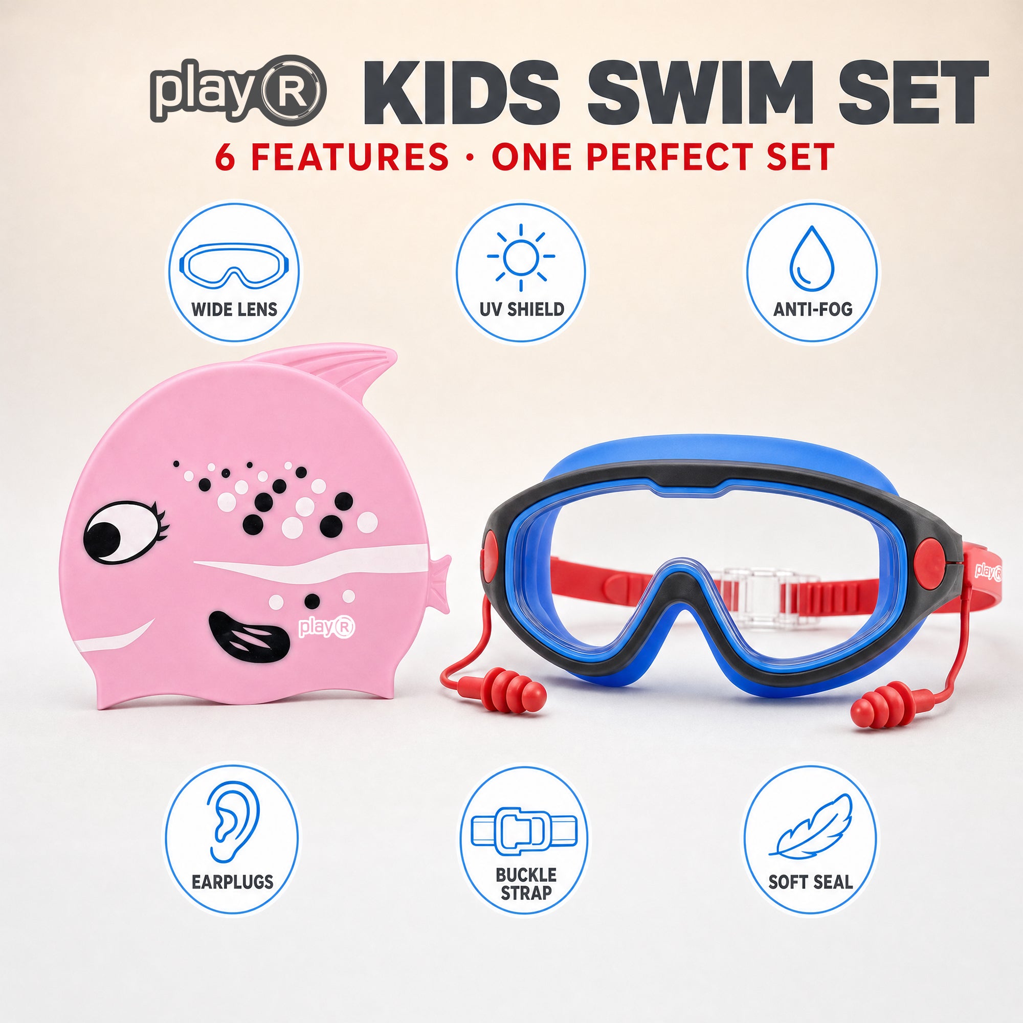 playR Fish Print Swim Cap &amp; Anti-Fog Goggles with Earplugs for Kids - Pink