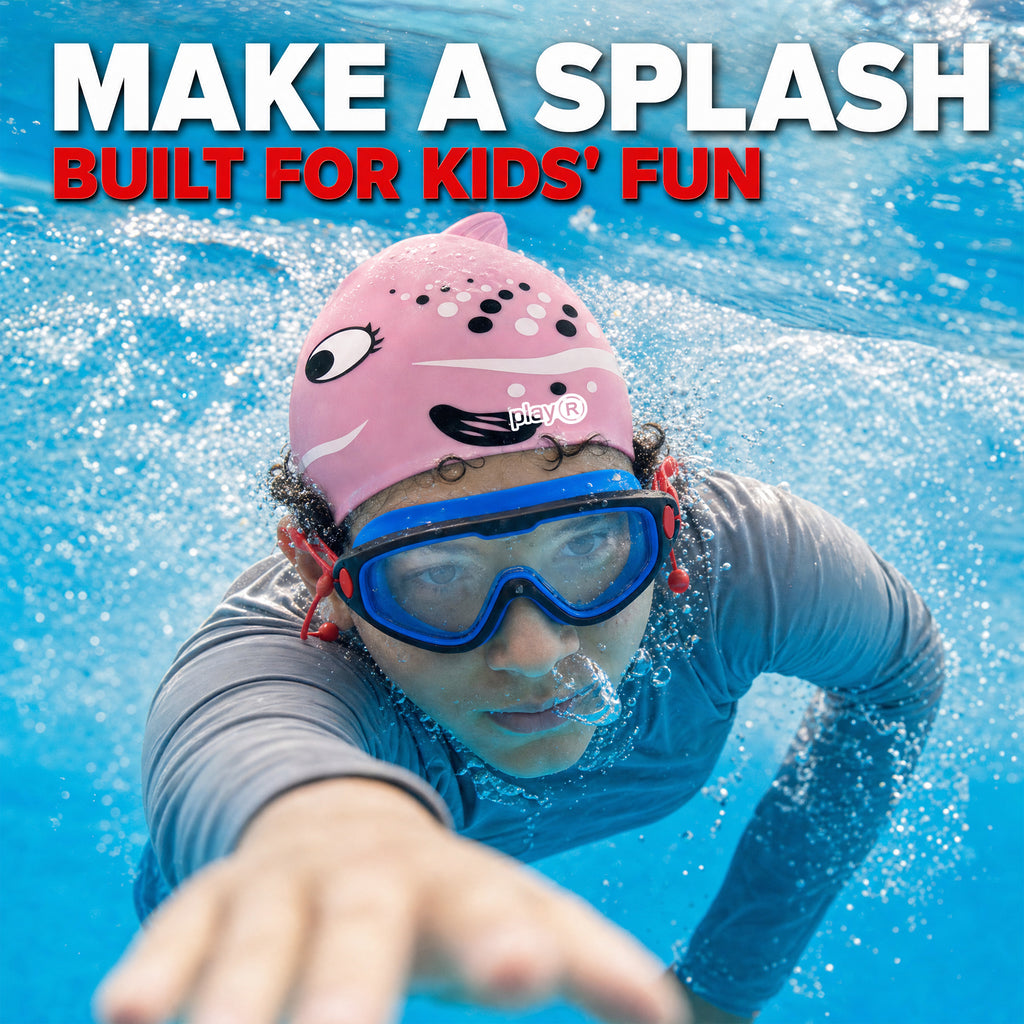 playR Fish Print Swim Cap &amp; Anti-Fog Goggles with Earplugs for Kids - Pink