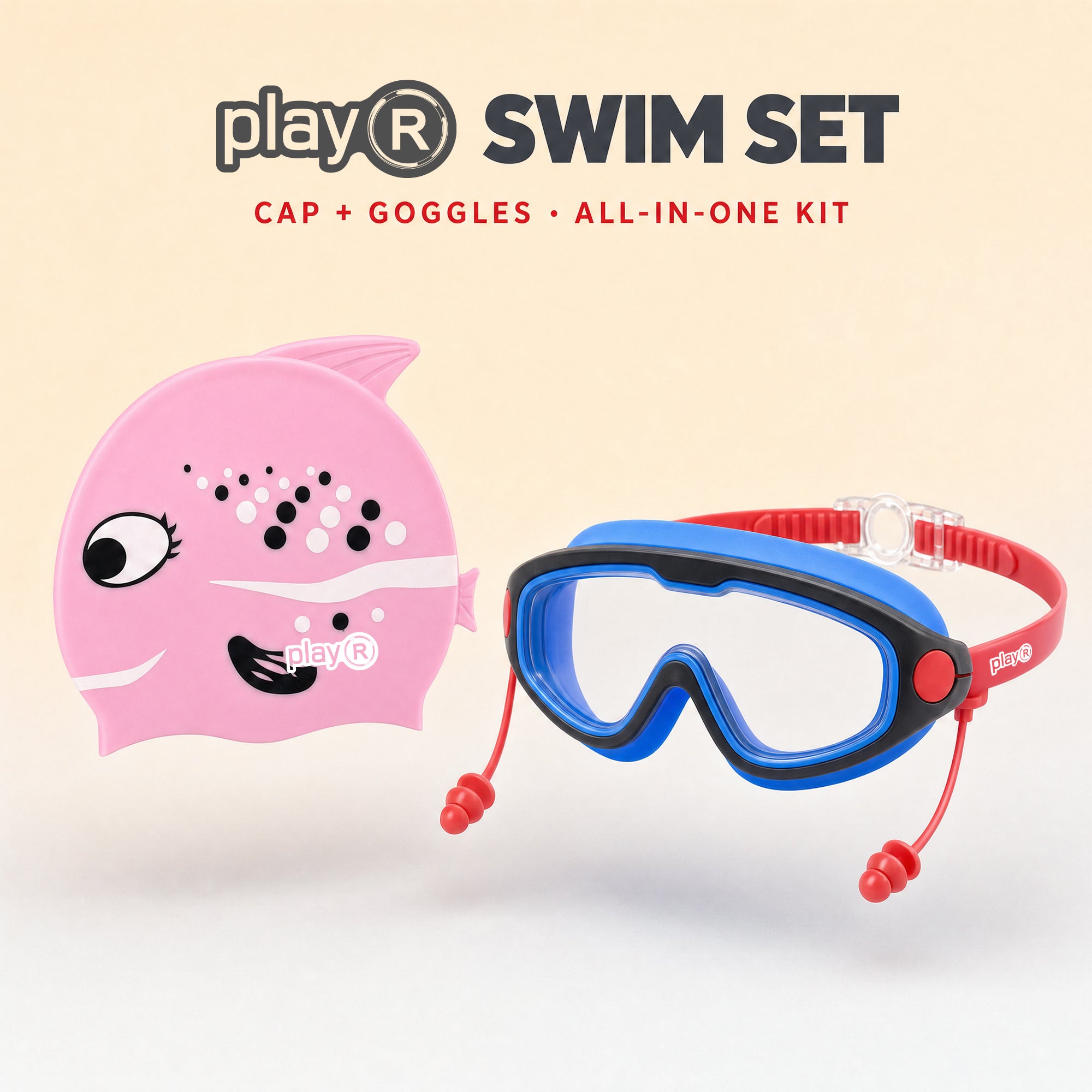 playR Fish Print Swim Cap &amp; Anti-Fog Goggles with Earplugs for Kids - Pink