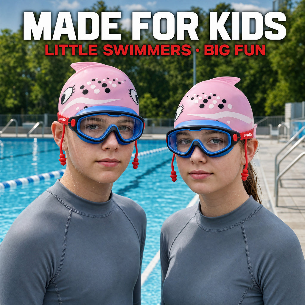 playR Fish Print Swim Cap &amp; Anti-Fog Goggles with Earplugs for Kids - Pink