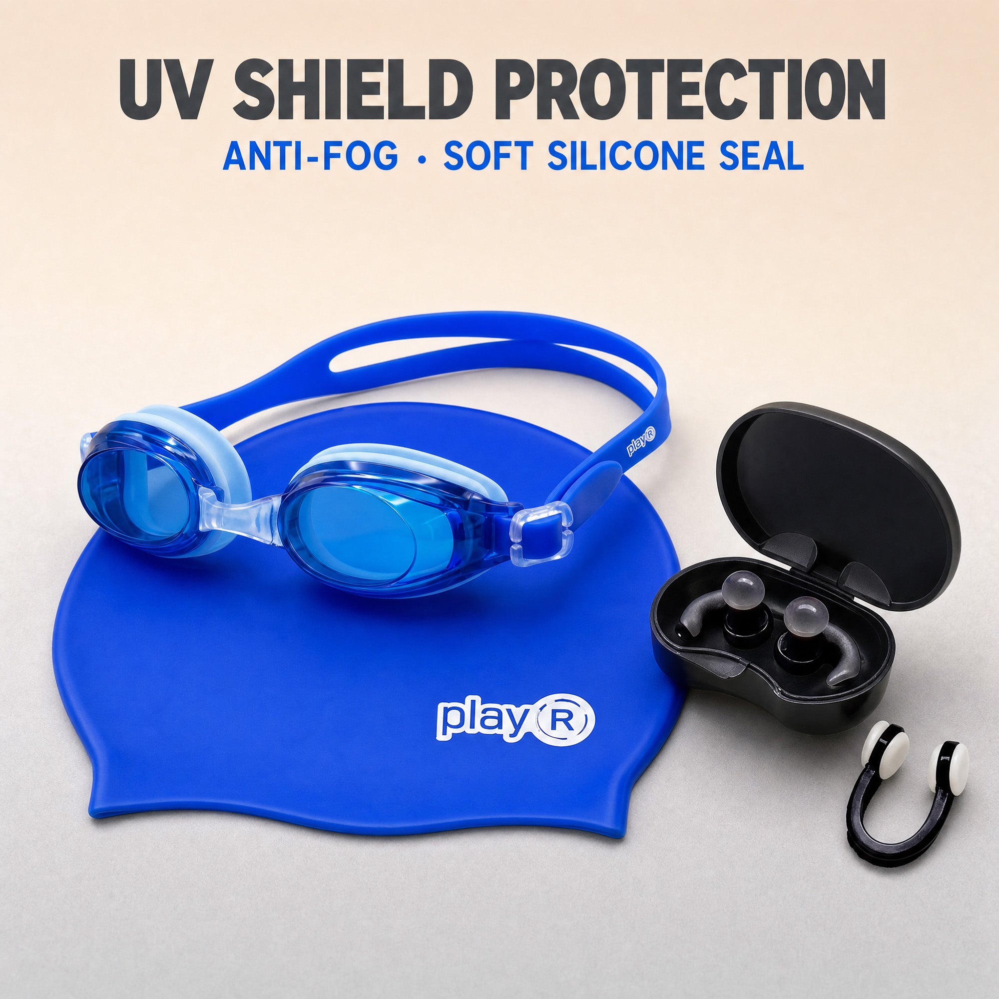 playR Swim Cap, Goggles, Ear Plugs &amp; Nose Clip Combo for Adults - Light Blue Secondary image