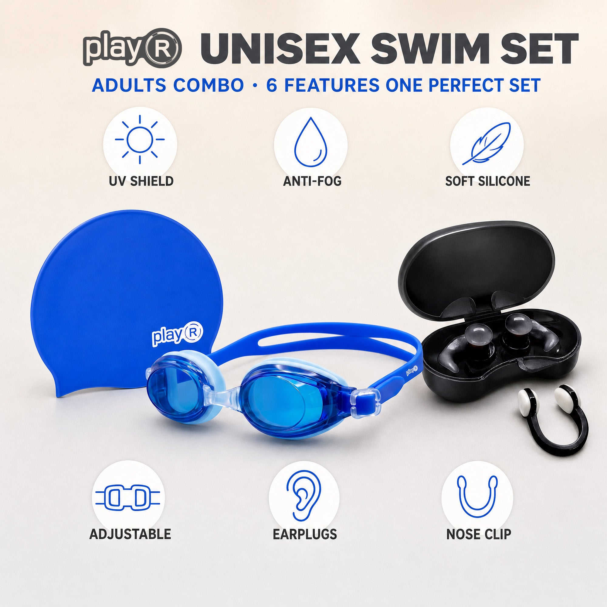 playR Swim Cap, Goggles, Ear Plugs &amp; Nose Clip Combo for Adults - Light Blue