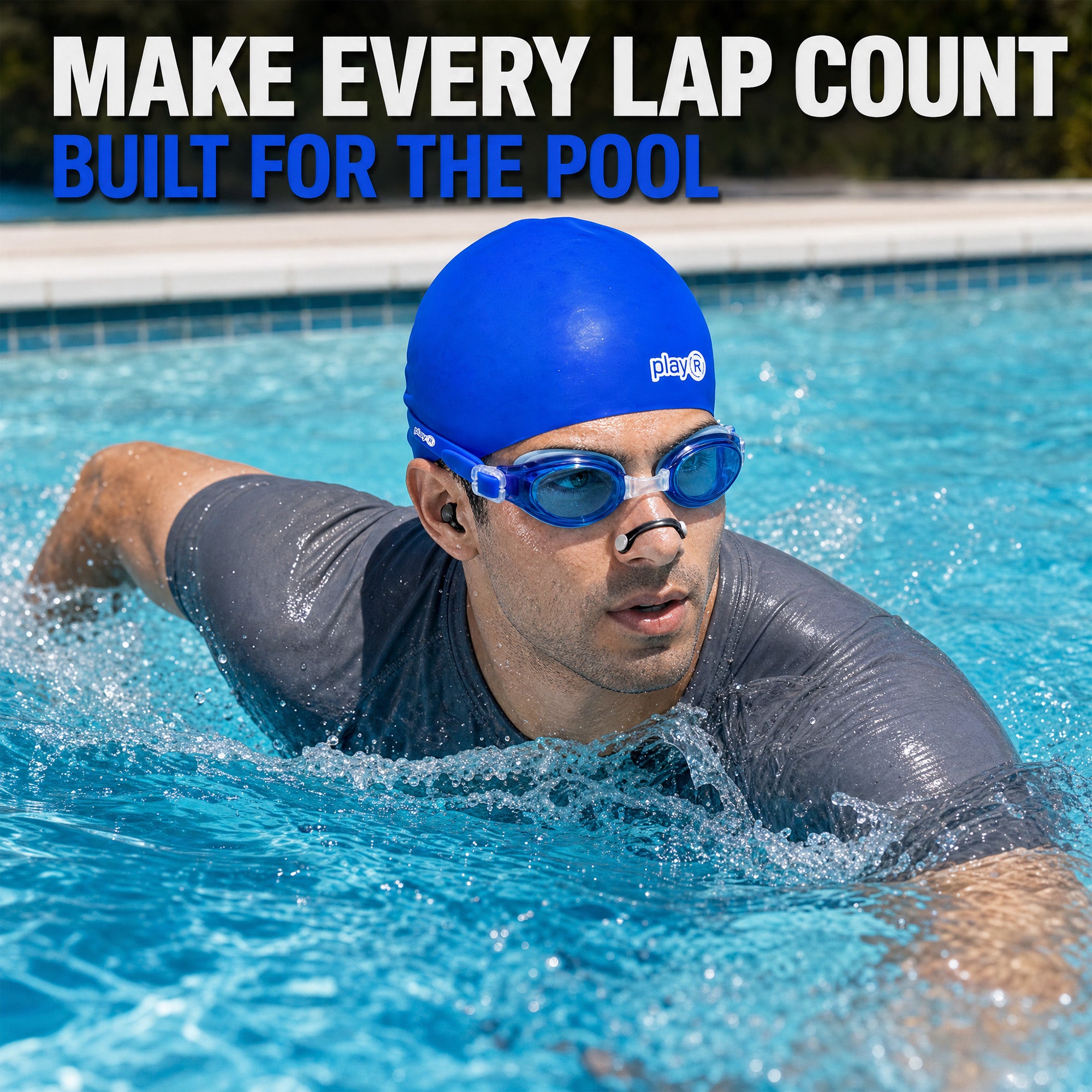 playR Swim Cap, Goggles, Ear Plugs &amp; Nose Clip Combo for Adults - Light Blue