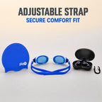 playR Swim Cap, Goggles, Ear Plugs &amp; Nose Clip Combo for Adults - Light Blue