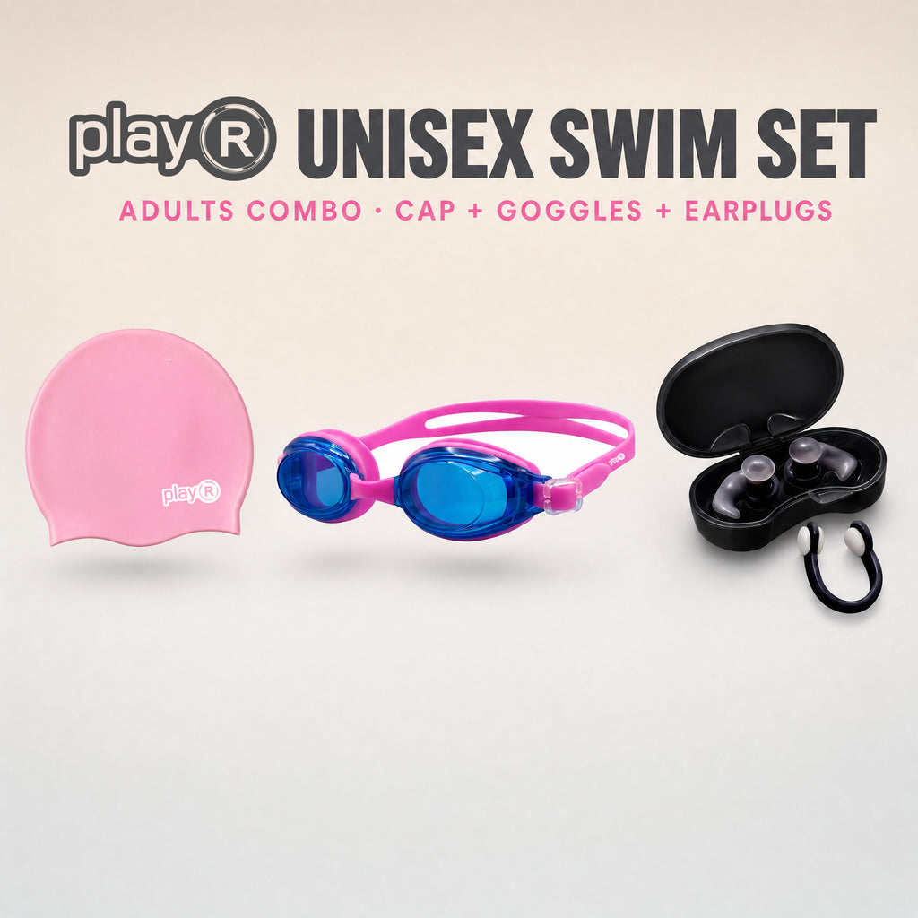 playR Swim Cap, Goggles, Ear Plugs &amp; Nose Clip Combo for Adults - Pink