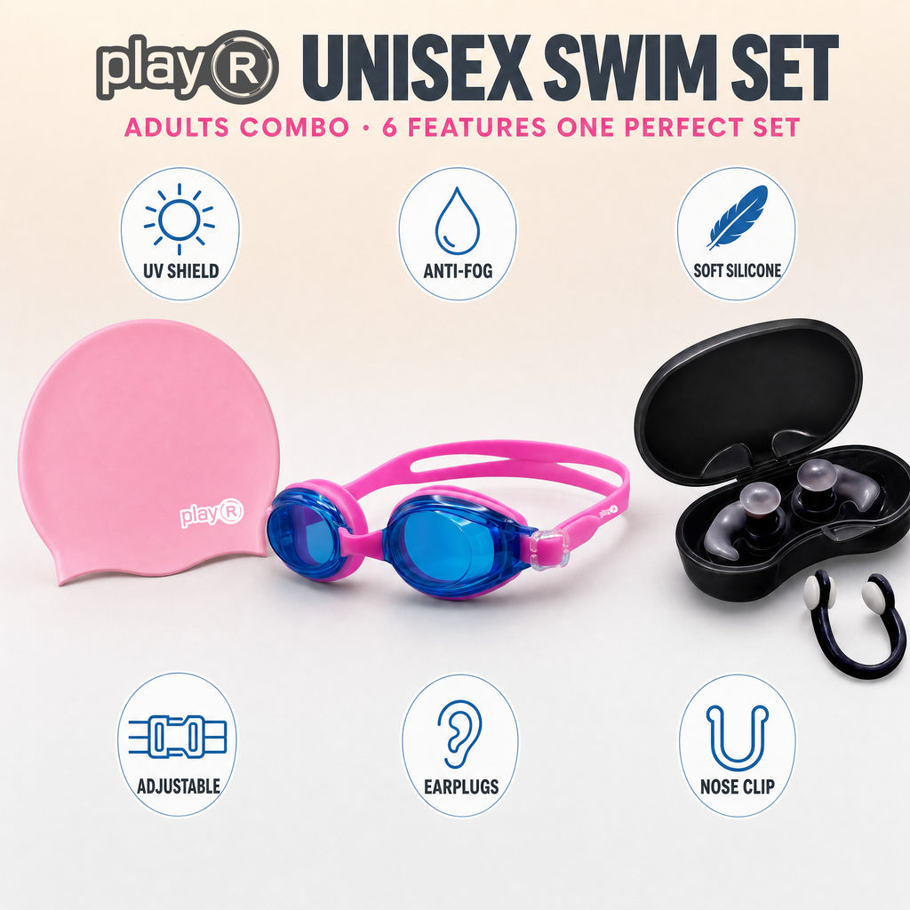 playR Swim Cap, Goggles, Ear Plugs &amp; Nose Clip Combo for Adults - Pink