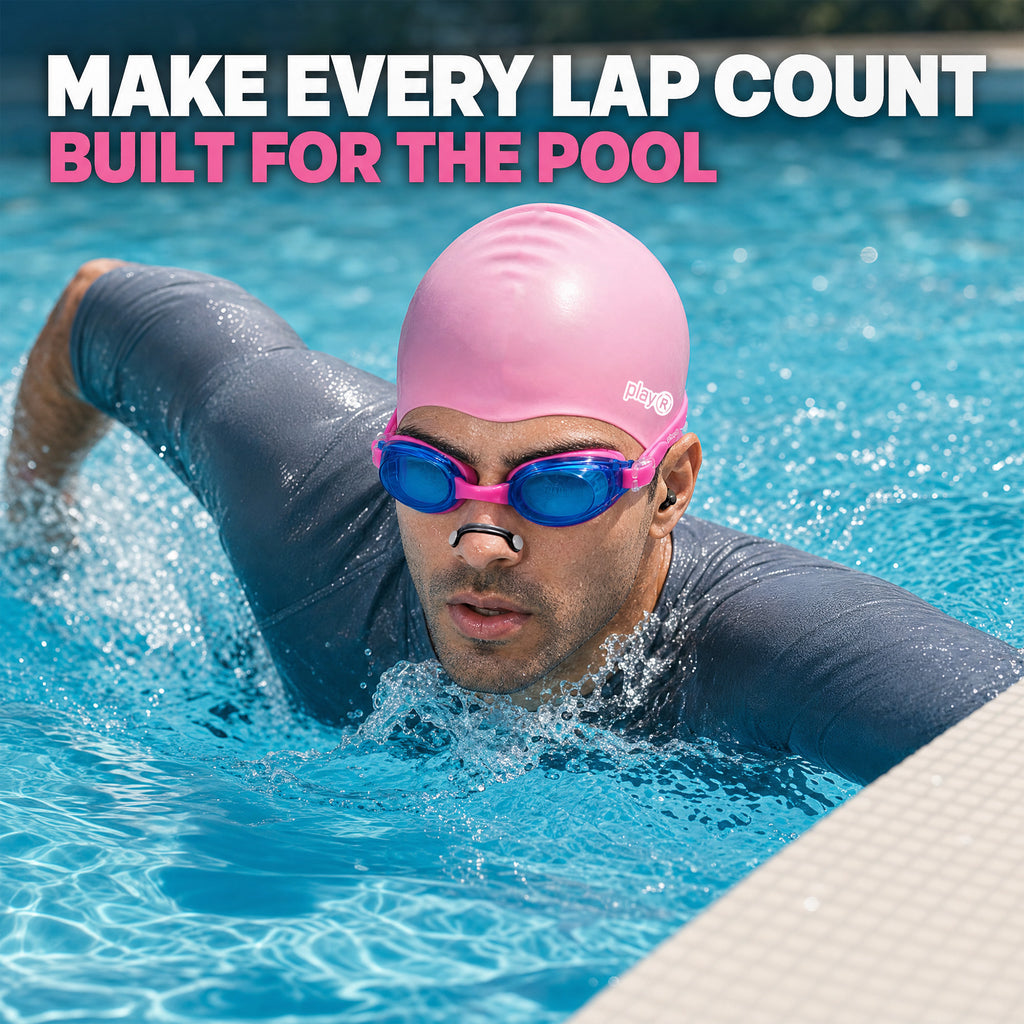 playR Swim Cap, Goggles, Ear Plugs &amp; Nose Clip Combo for Adults - Pink