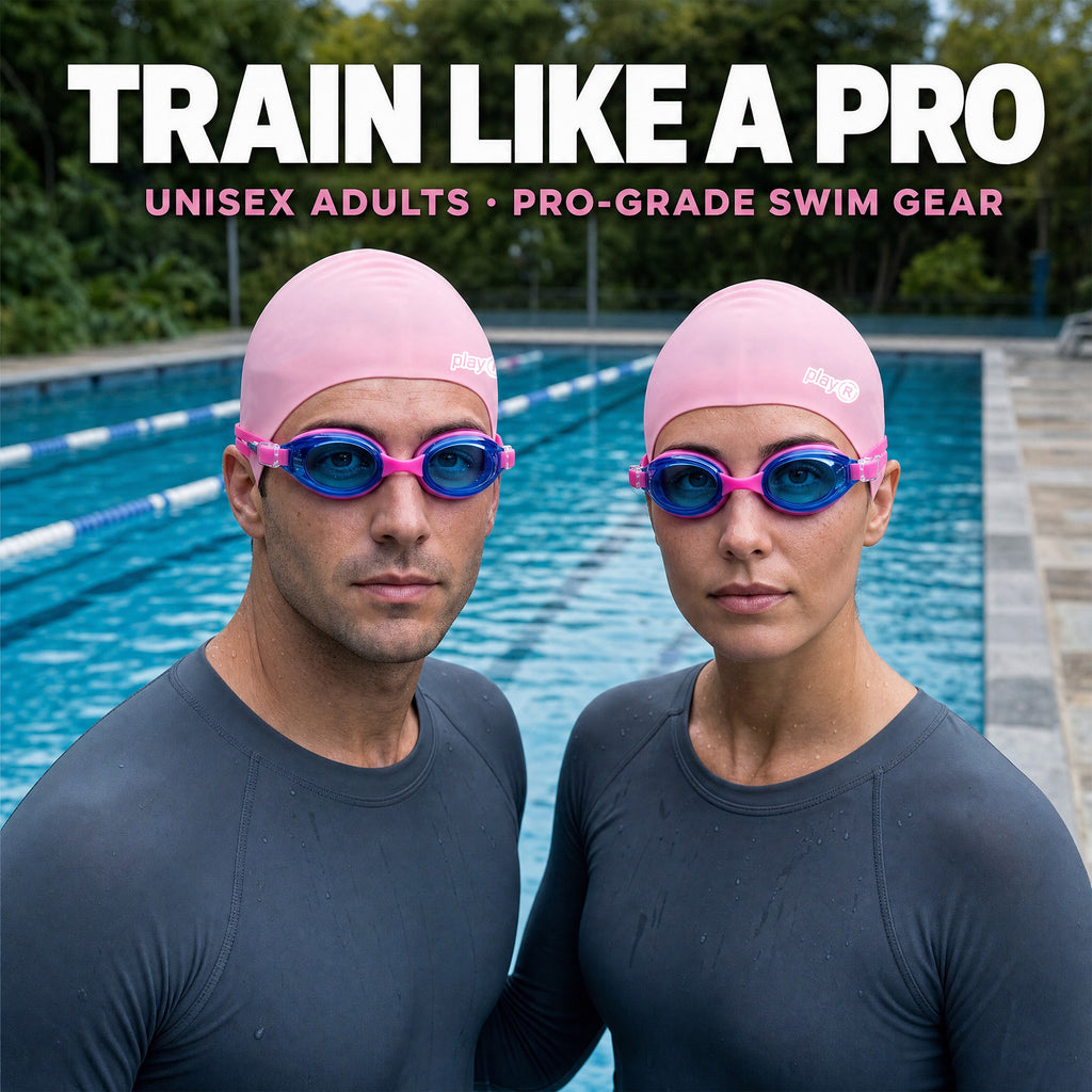 playR Swim Cap, Goggles, Ear Plugs &amp; Nose Clip Combo for Adults - Pink