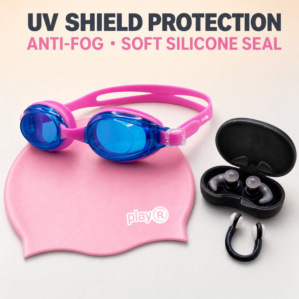 playR Swim Cap, Goggles, Ear Plugs &amp; Nose Clip Combo for Adults - Pink