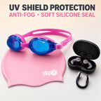 playR Swim Cap, Goggles, Ear Plugs &amp; Nose Clip Combo for Adults - Pink