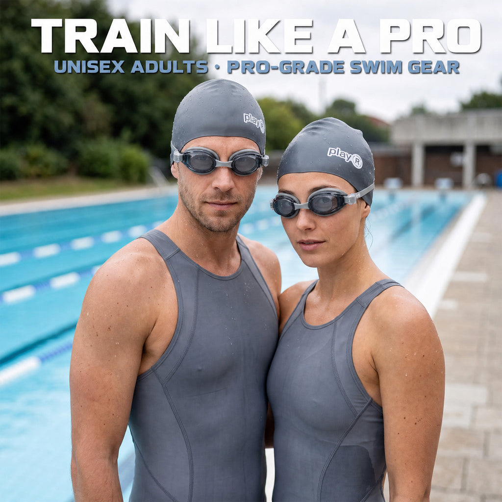 playR Swim Cap, Goggles, Ear Plugs &amp; Nose Clip Combo for Adults - Silver Grey