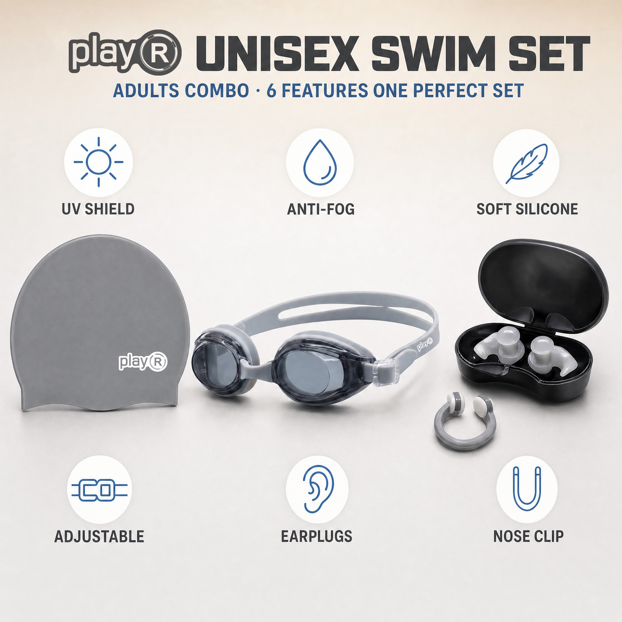 playR Swim Cap, Goggles, Ear Plugs &amp; Nose Clip Combo for Adults - Silver Grey