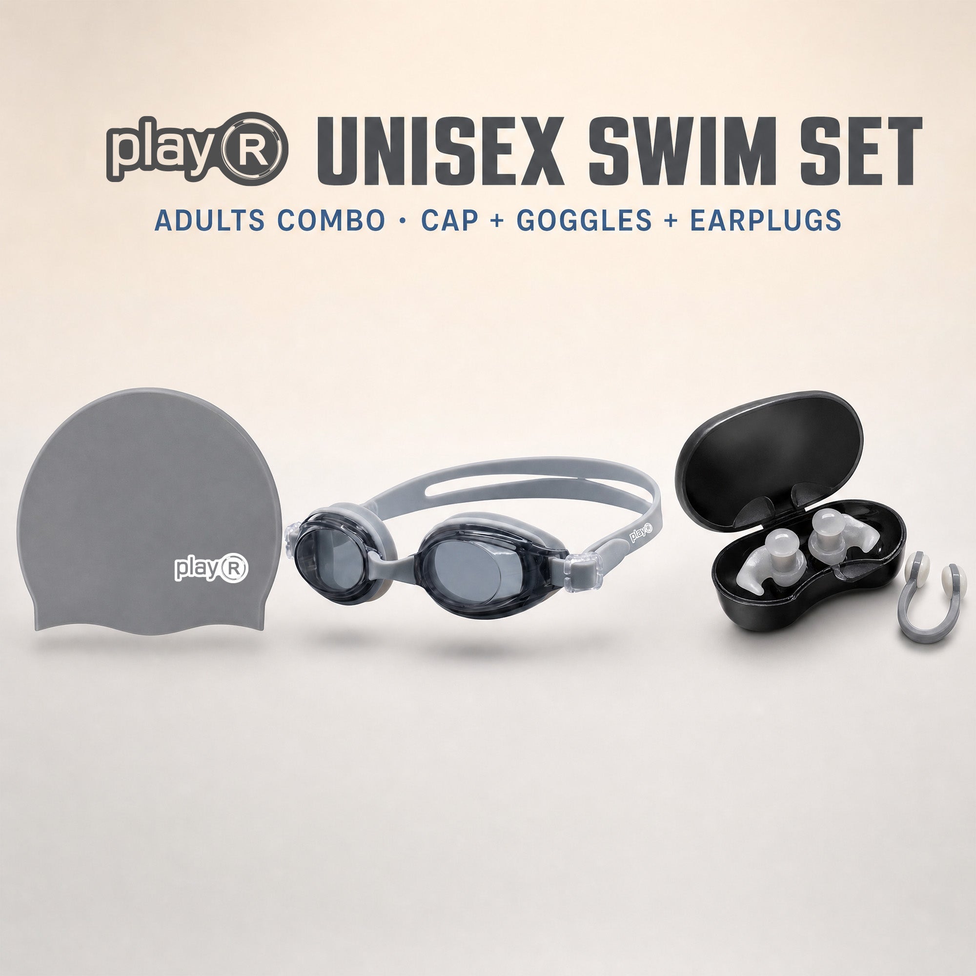 playR Swim Cap, Goggles, Ear Plugs &amp; Nose Clip Combo for Adults - Silver Grey Main image