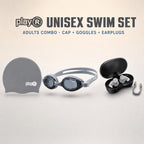 playR Swim Cap, Goggles, Ear Plugs &amp; Nose Clip Combo for Adults - Silver Grey