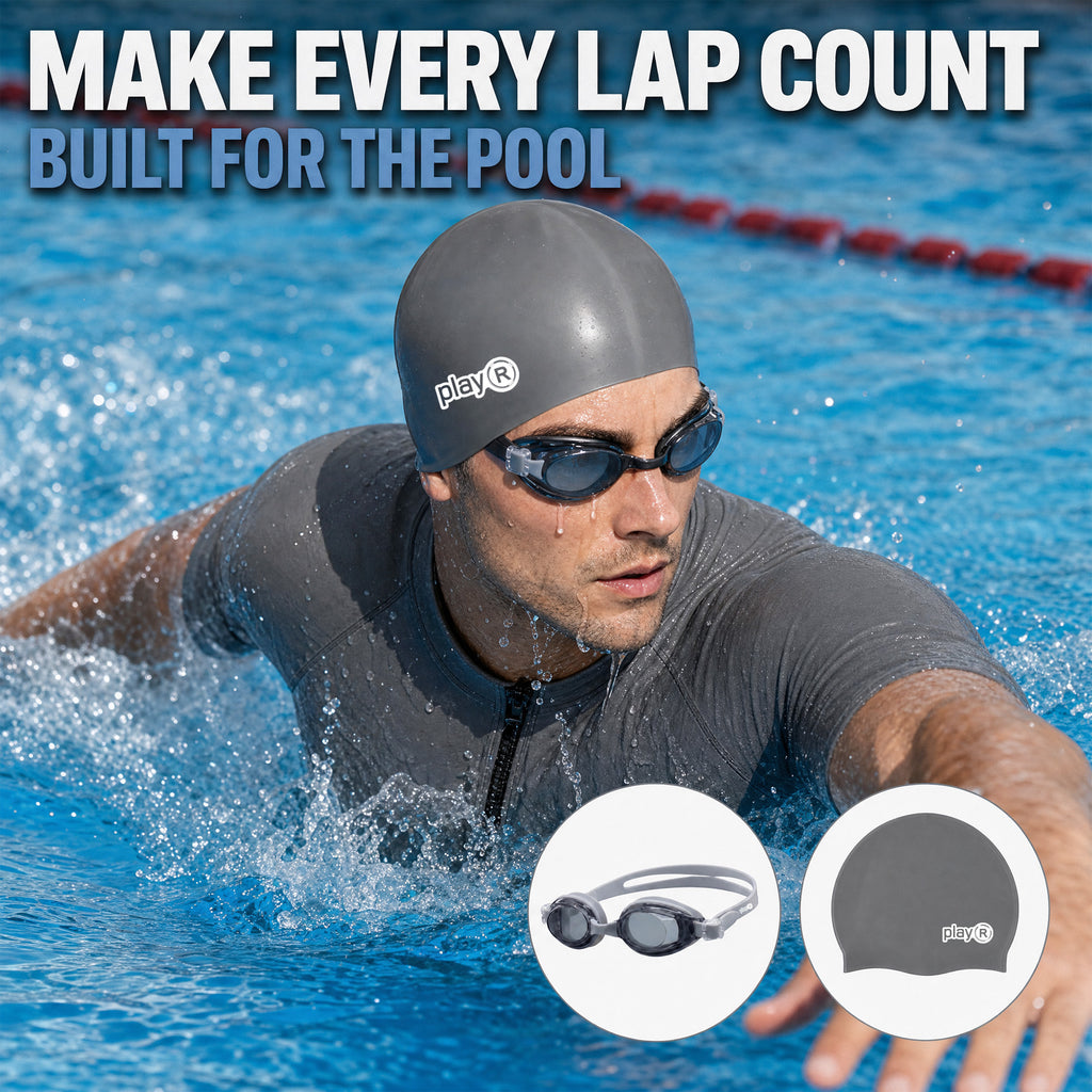 playR Swim Cap, Goggles, Ear Plugs &amp; Nose Clip Combo for Adults - Silver Grey