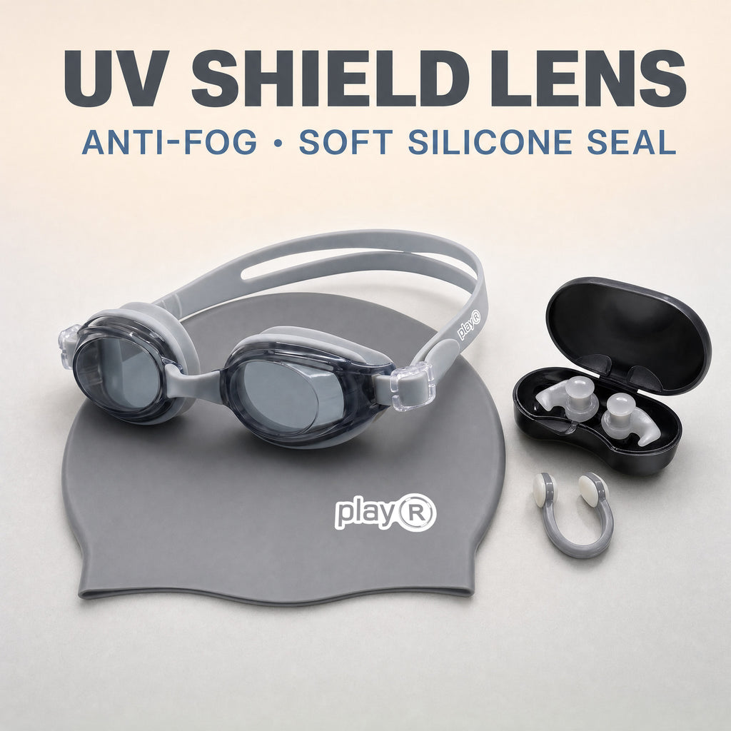 playR Swim Cap, Goggles, Ear Plugs &amp; Nose Clip Combo for Adults - Silver Grey