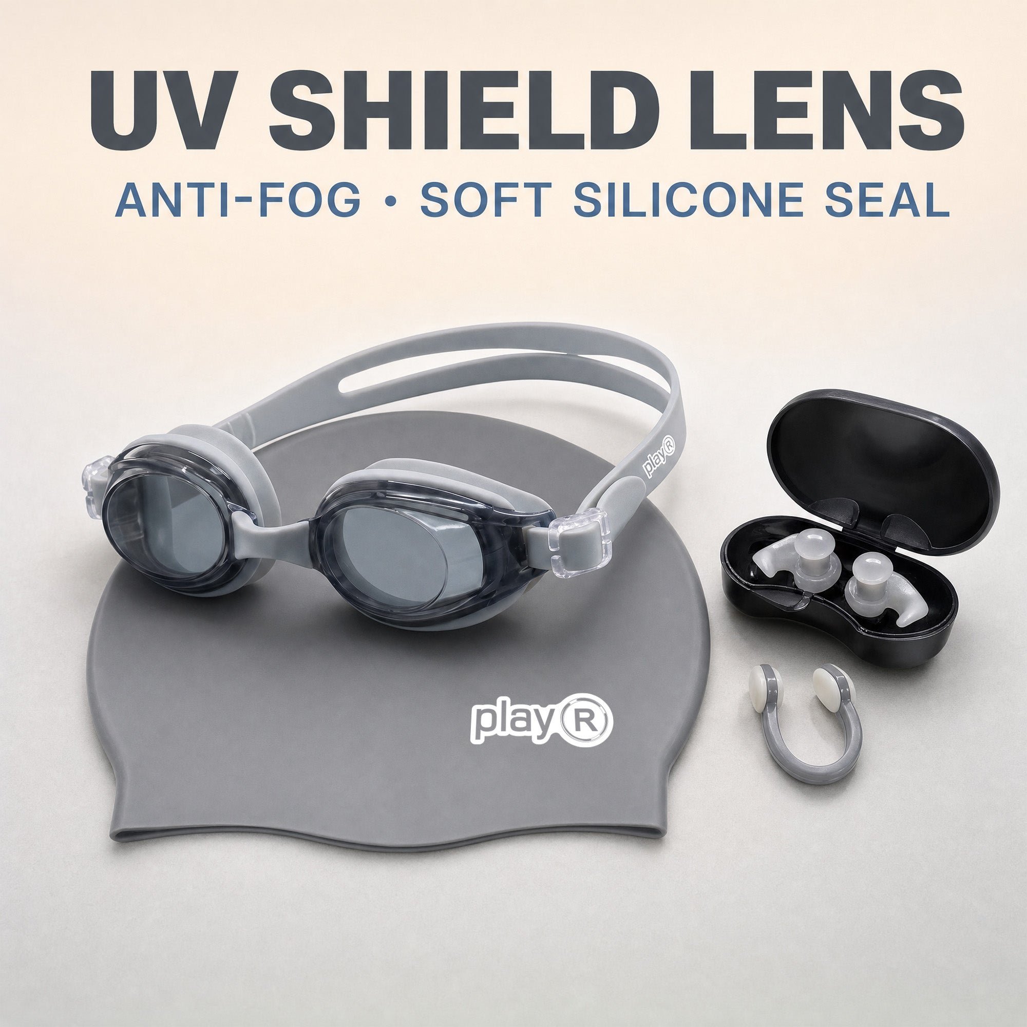 playR Swim Cap, Goggles, Ear Plugs &amp; Nose Clip Combo for Adults - Silver Grey