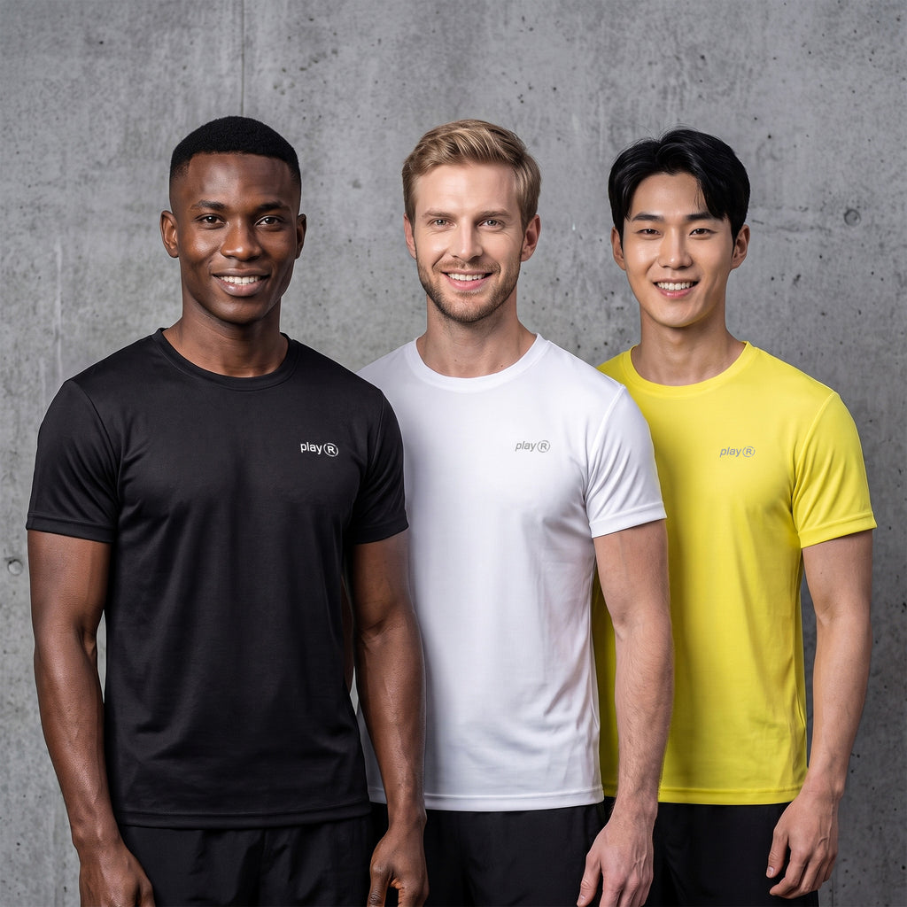 Three men standing side by side wearing matching short-sleeve athletic t-shirts in black, white, and yellow, each with a small white 'playR' logo on the left chest, set against a textured gray concrete wall.