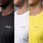 Three men's crew-neck t-shirts shown side by side in black, white, and yellow, each featuring a small gray 'playR' logo on the chest.