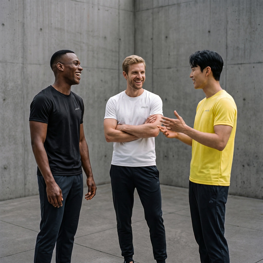 Three men standing and talking in front of a concrete wall, wearing athletic t-shirts and sweatpants in black, white, and yellow.
