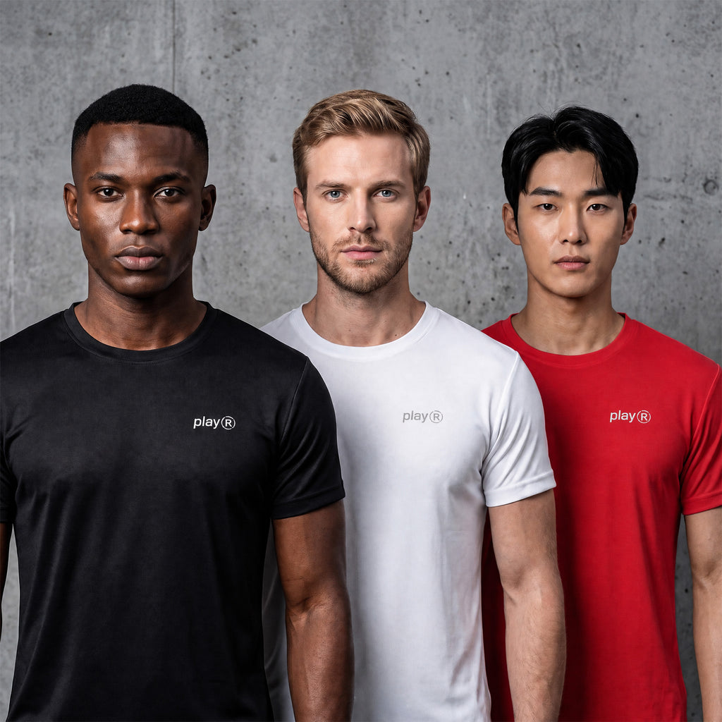 playR Men's Training Tee Pack of 3 Black White Red Quick Dry Sports T-Shirts