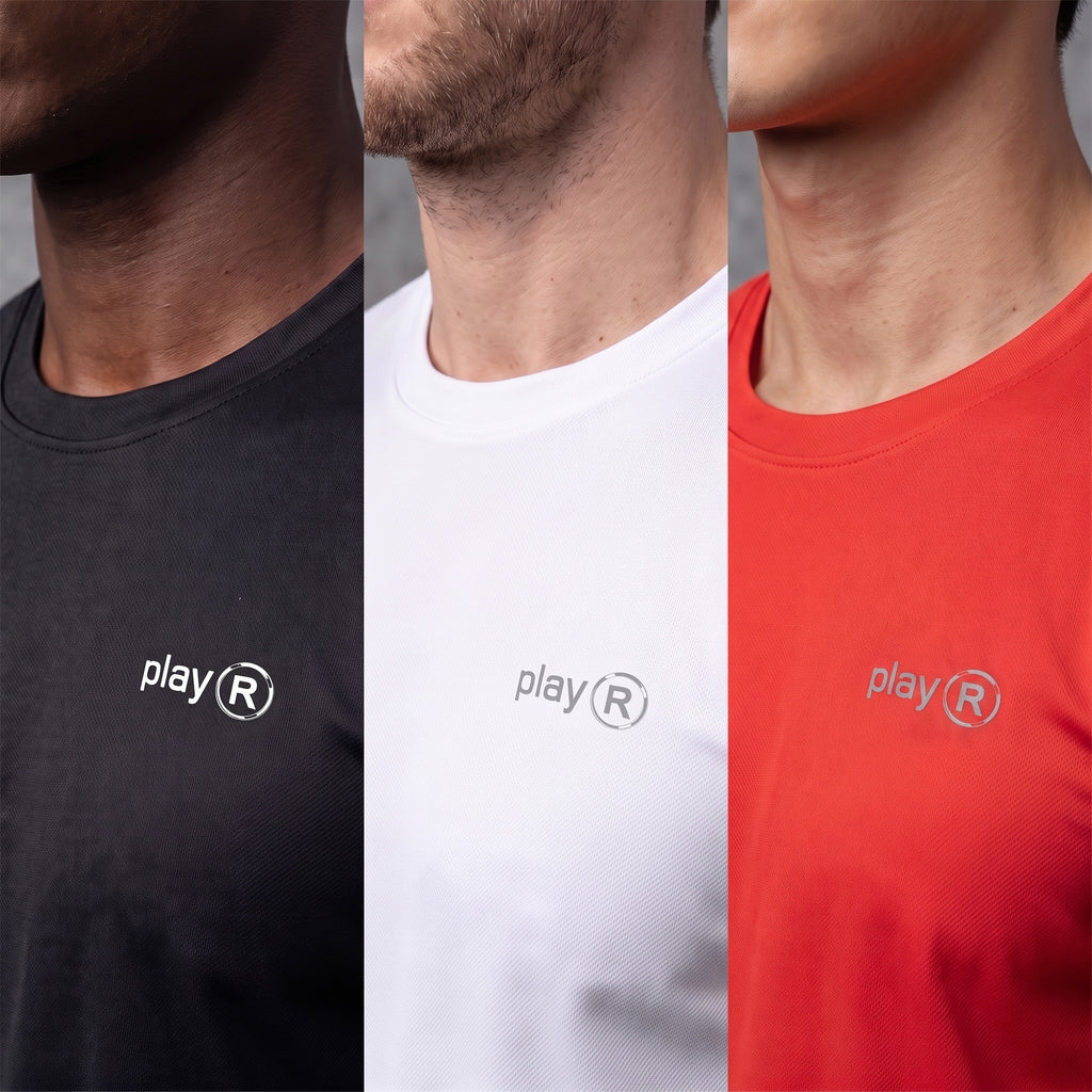 playR Men's Training Tee Pack of 3 Black White Red Quick Dry Sports T-Shirts